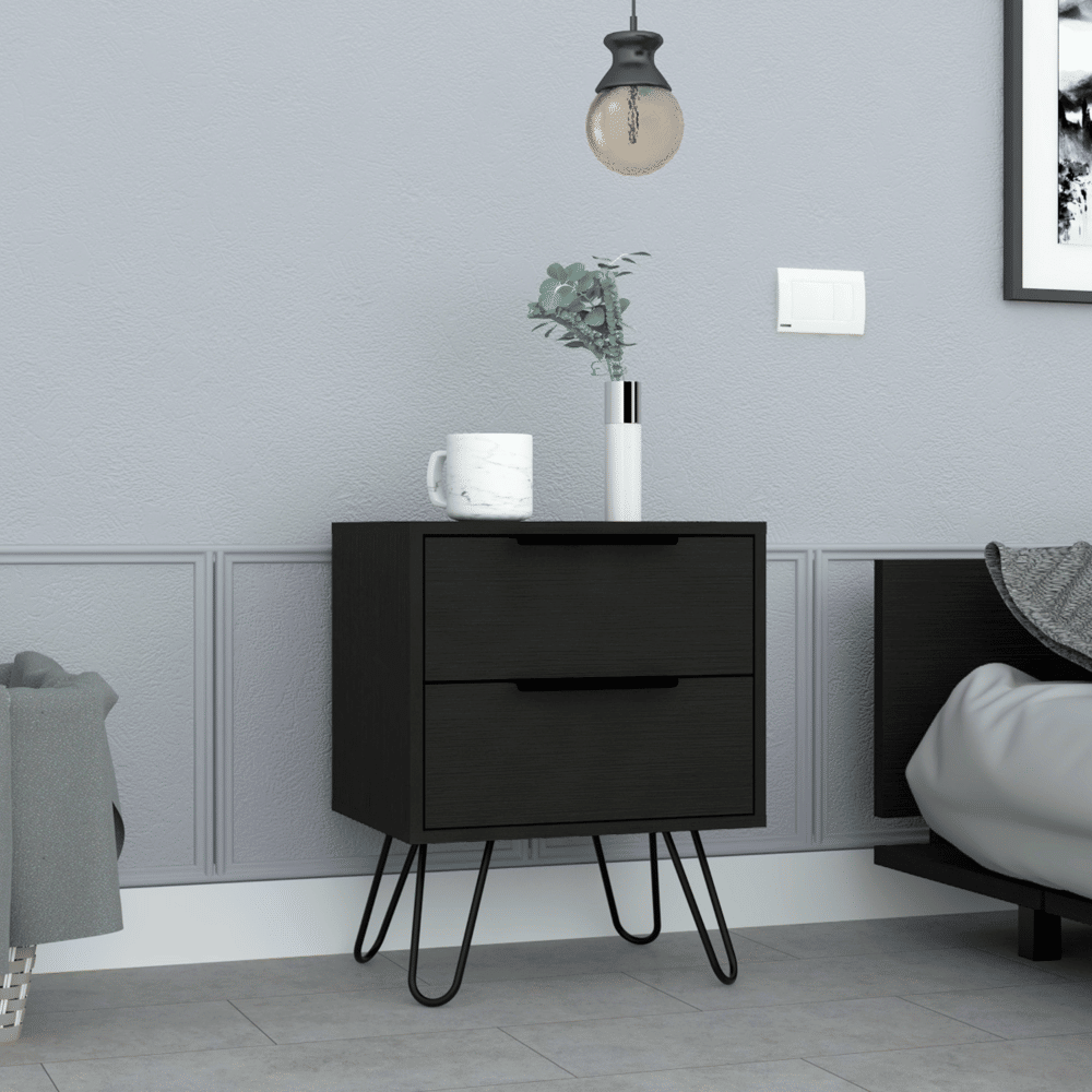 2 Nightstand, Hairpin Legs, Two Drawers, Black