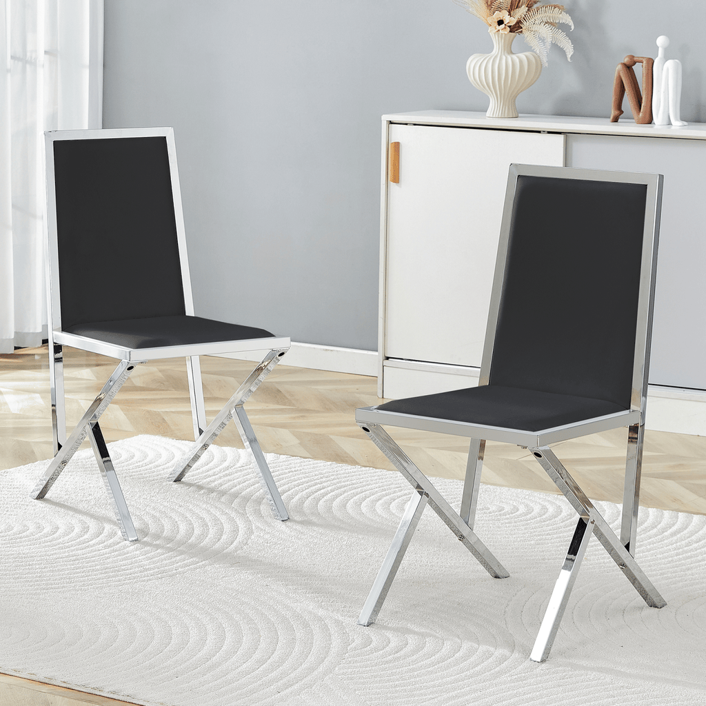 2-pack silver metal framed BLACK PU dining chairs: ergonomic design, a simple and luxurious choice.Featuring uniquely designed silver metal legs.