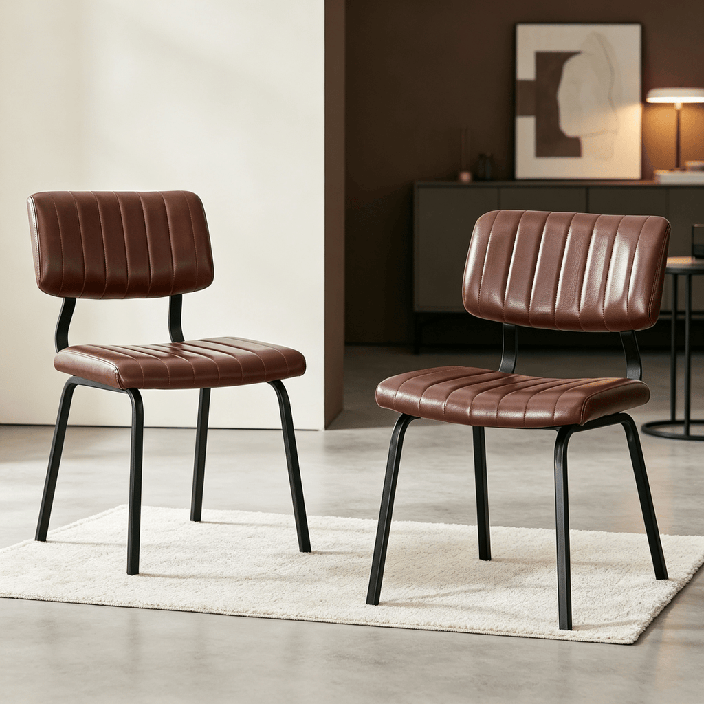 2 Pack Vintage Brown PU Leather Dining Chairs, Mid-Century Stripe Upholstered Side Chairs ,Modern Industrial Accent Chairs with Black Metal Frame for Kitchen Dining Room