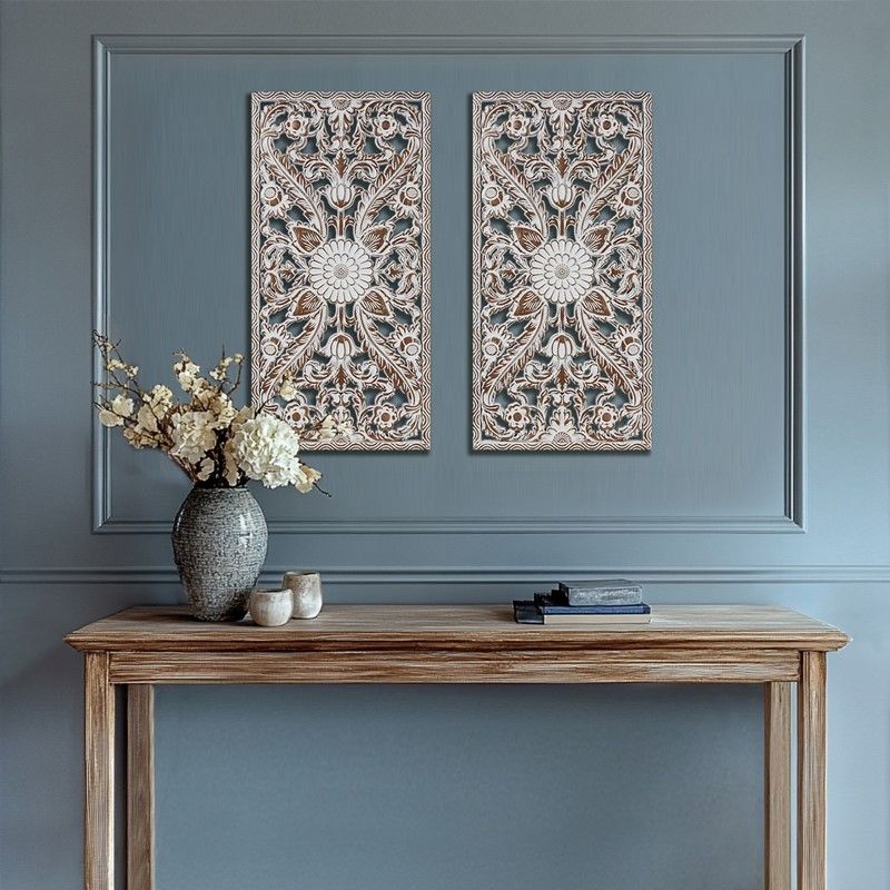 2 PCS Botanical Panel Distressed Carved Wood Wall Decor Set