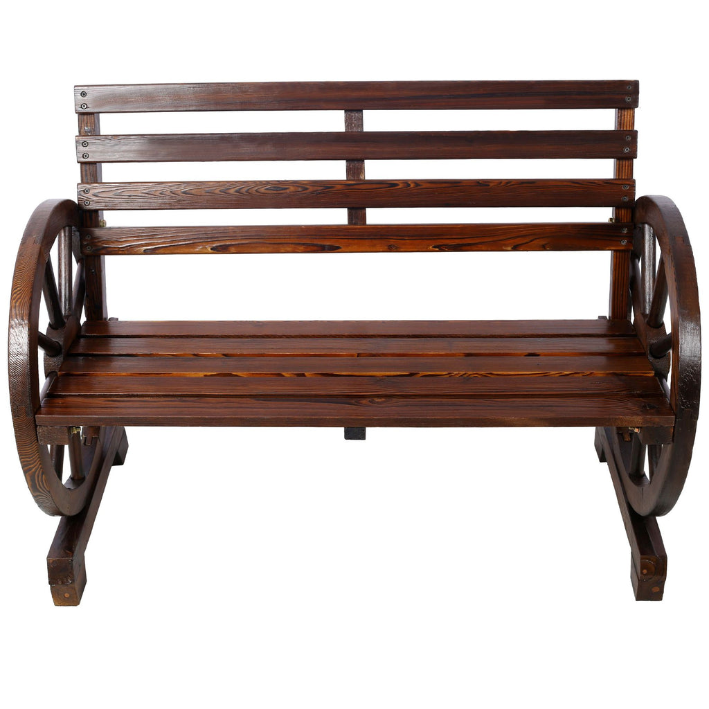 2-Person Wooden Wagon Wheel Bench for Backyard, Patio, Porch, Garden, Outdoor Lounge Furniture w/Rustic Country Design, Slatted Seat and Backrest - Brown