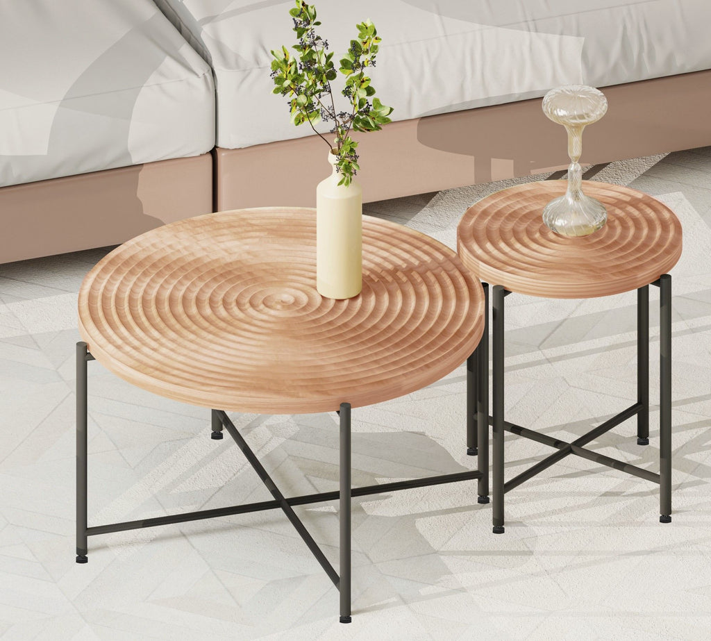 2-Piece Coffee and End Table Set – Waterproof MDF with PVC Cover, Distressed Cylindrical Design, Black Metal Legs – Classic Rustic Charm, Red Cedar-Brown