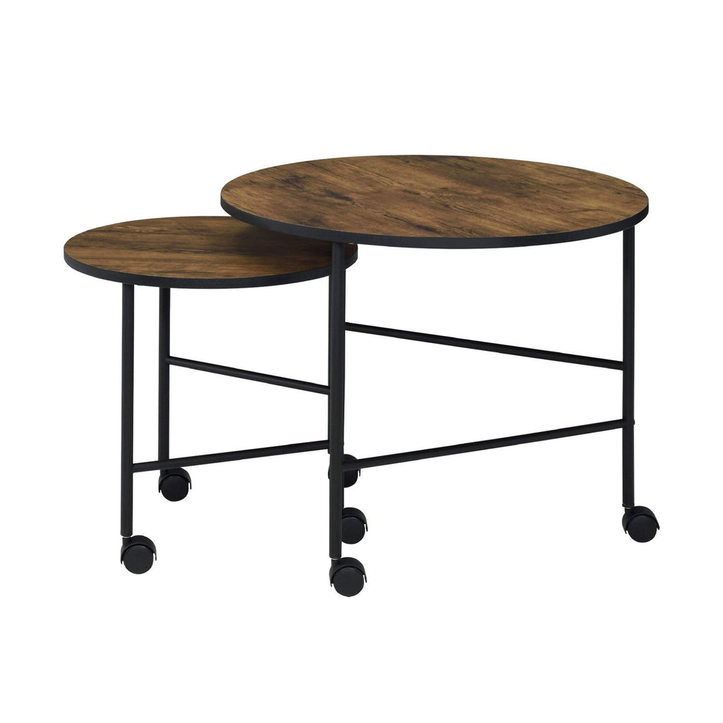2 Piece Nesting Table Set with Caster-Wheels, Vintage Oak