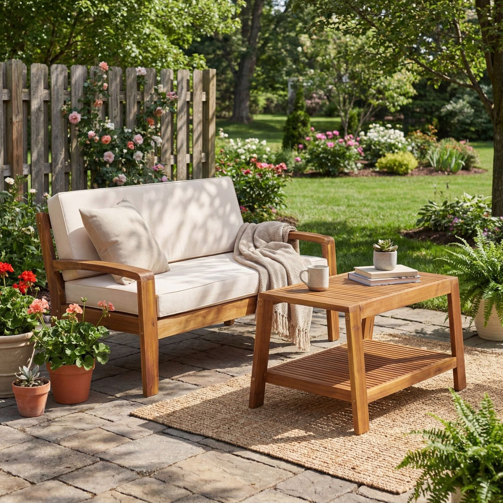 2-Piece Outdoor Teak Acacia Wood Conversation Set - Loveseat & Coffee Table with Beige Water-Resistant Cushions, 350lbs Capacity for Patio, Deck & Backyard