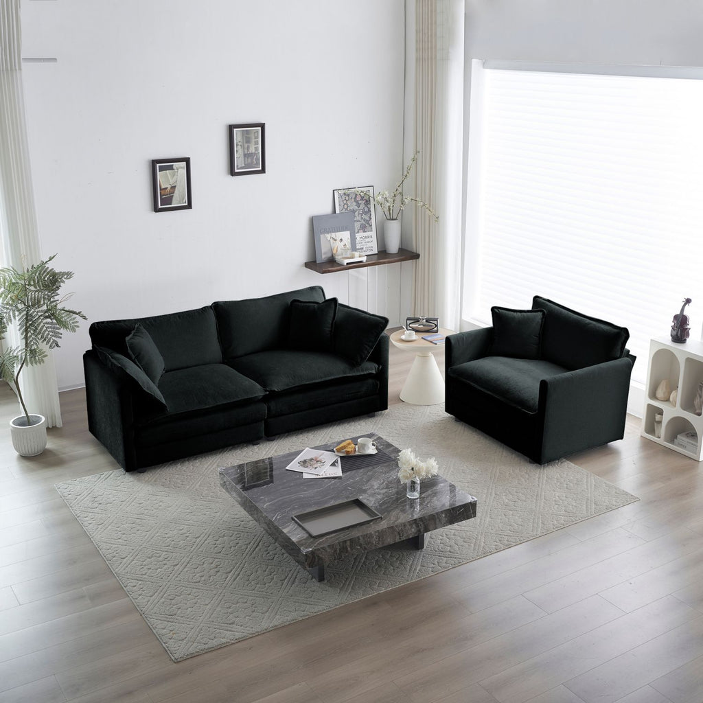 2 Seater Loveseat and Chair Set, 2 Piece Sofa & Chair Set, Loveseat and Accent Chair , 2-Piece Upholstered Chenille Sofa Living Room Couch Furniture(1+2 Seat ) ,Black Chenille