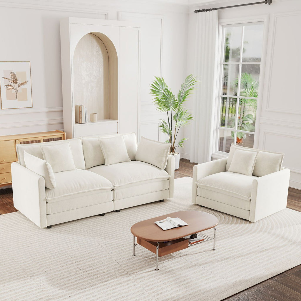 2 Seater Loveseat and Chair Set, 2 Piece Sofa & Chair Set, Loveseat and Accent Chair , 2-Piece Upholstered Chenille Sofa Living Room Couch Furniture(1+2 Seat ) ,White Chenille
