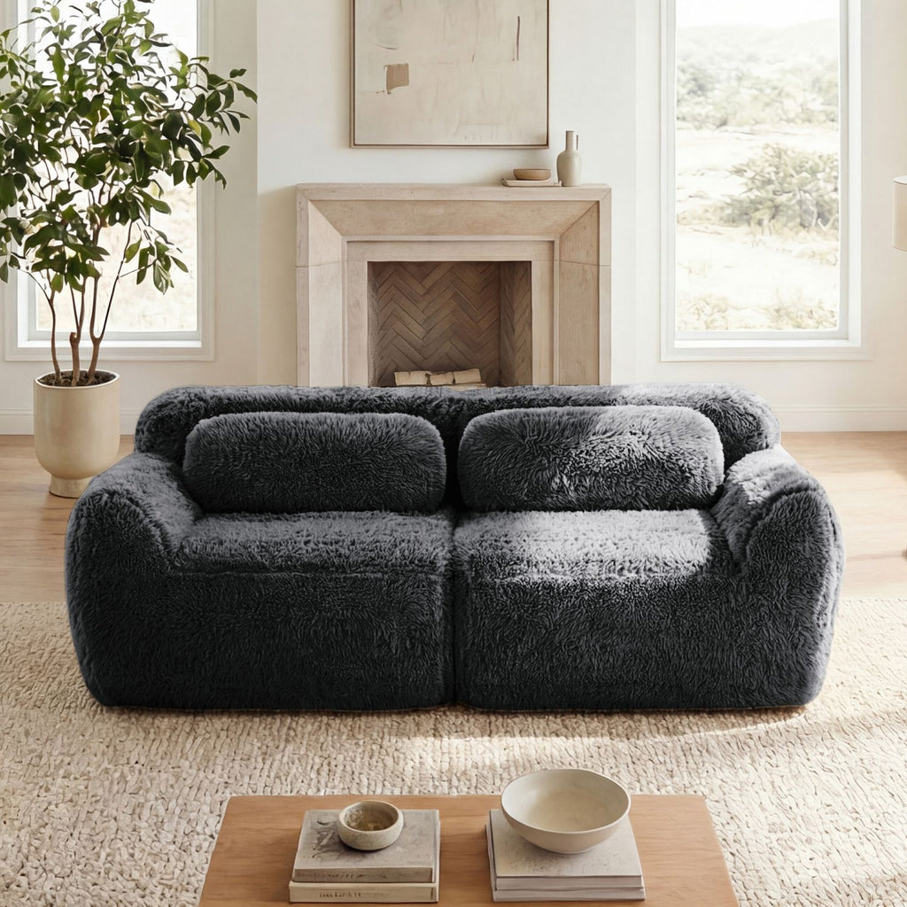 2-seater Modular Sectional Sofa Couches,Soft Fluffy Plush Fabric Bottom Anti-Slip Design,32D High Density Sponge,No Assembly Required Ergonomic Design,With Throw Pillows Fits Living Rooms,Dark Grey