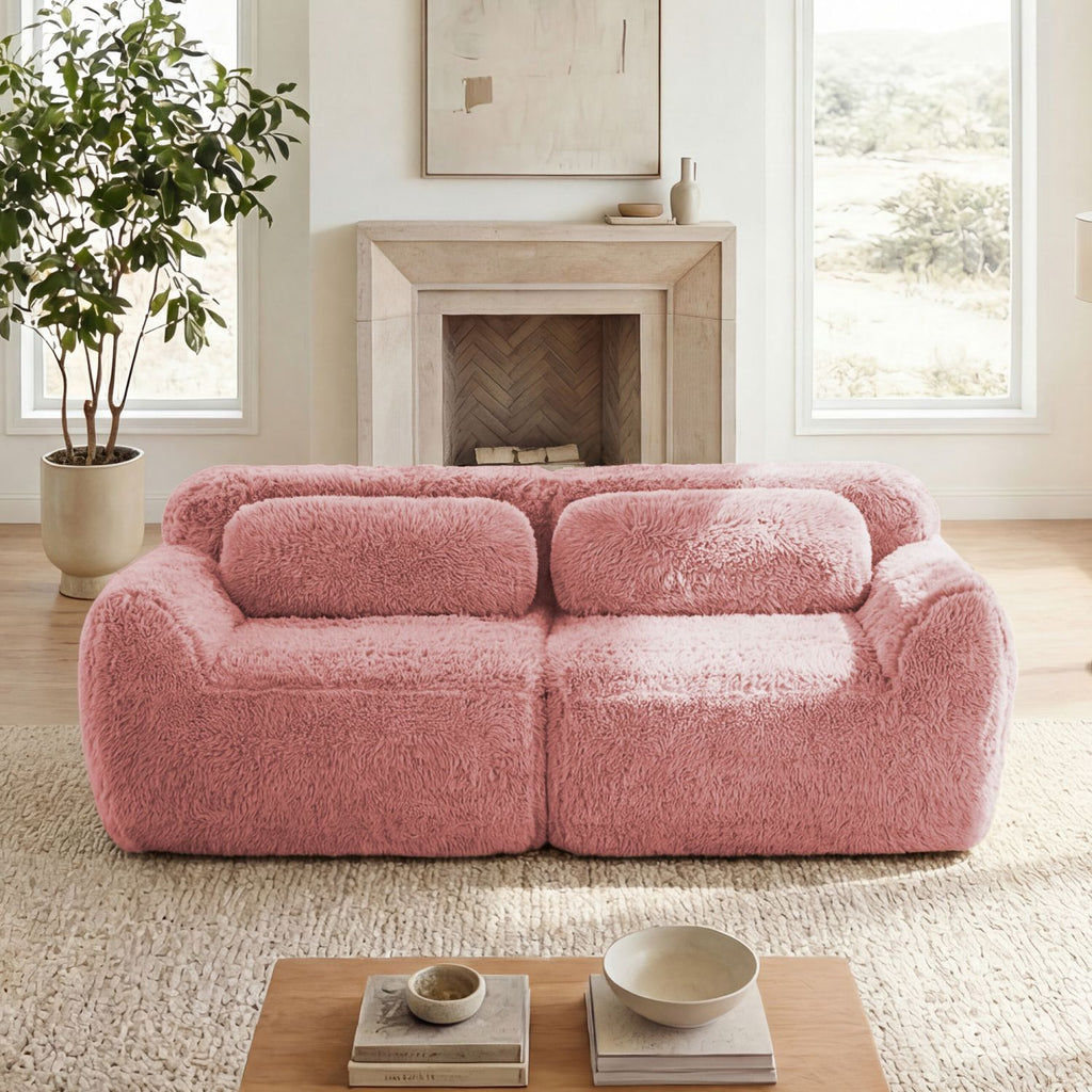 2-seater Modular Sectional Sofa Couches,Soft Fluffy Plush Fabric Bottom Anti-Slip Design,32D High Density Sponge,No Assembly Required Ergonomic Design,With Throw Pillows Fits Living Rooms,Pink