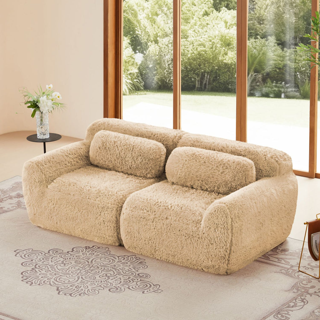 2-seater Modular Sectional Sofa Couches,Soft Fluffy Plush Fabric Bottom Anti-Slip Design,32D High Density Sponge,No Assembly Required Ergonomic Design,With Throw Pillows For Study,Light Khaki