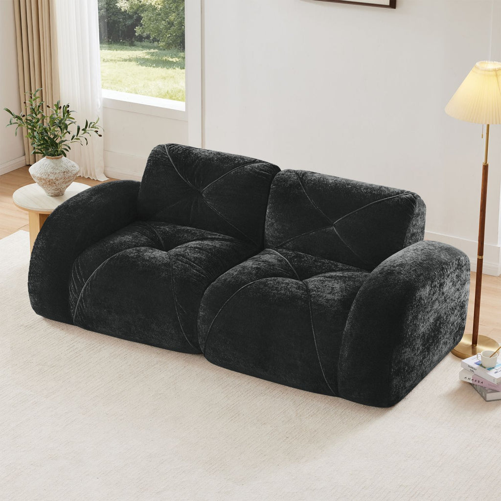 2-seater Tufted Sofa Couches With boneless Sofa,Soft Velvet Fabric,Bottom Anti-Slip Design,32D High Density Sponge,Ergonomic Design Bottom,No Assembly Required,Fits Living Rooms,Black