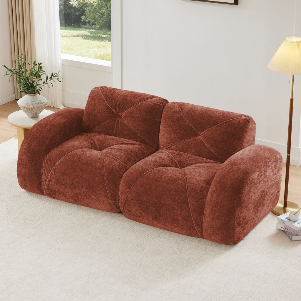 2-Seater Tufted Sofa Couches With boneless Sofa,Soft Velvet Fabric,Bottom Anti-Slip Design,32D High Density Sponge,Ergonomic Design Bottom,No Assembly Required,Fits Living Rooms,Red Brown