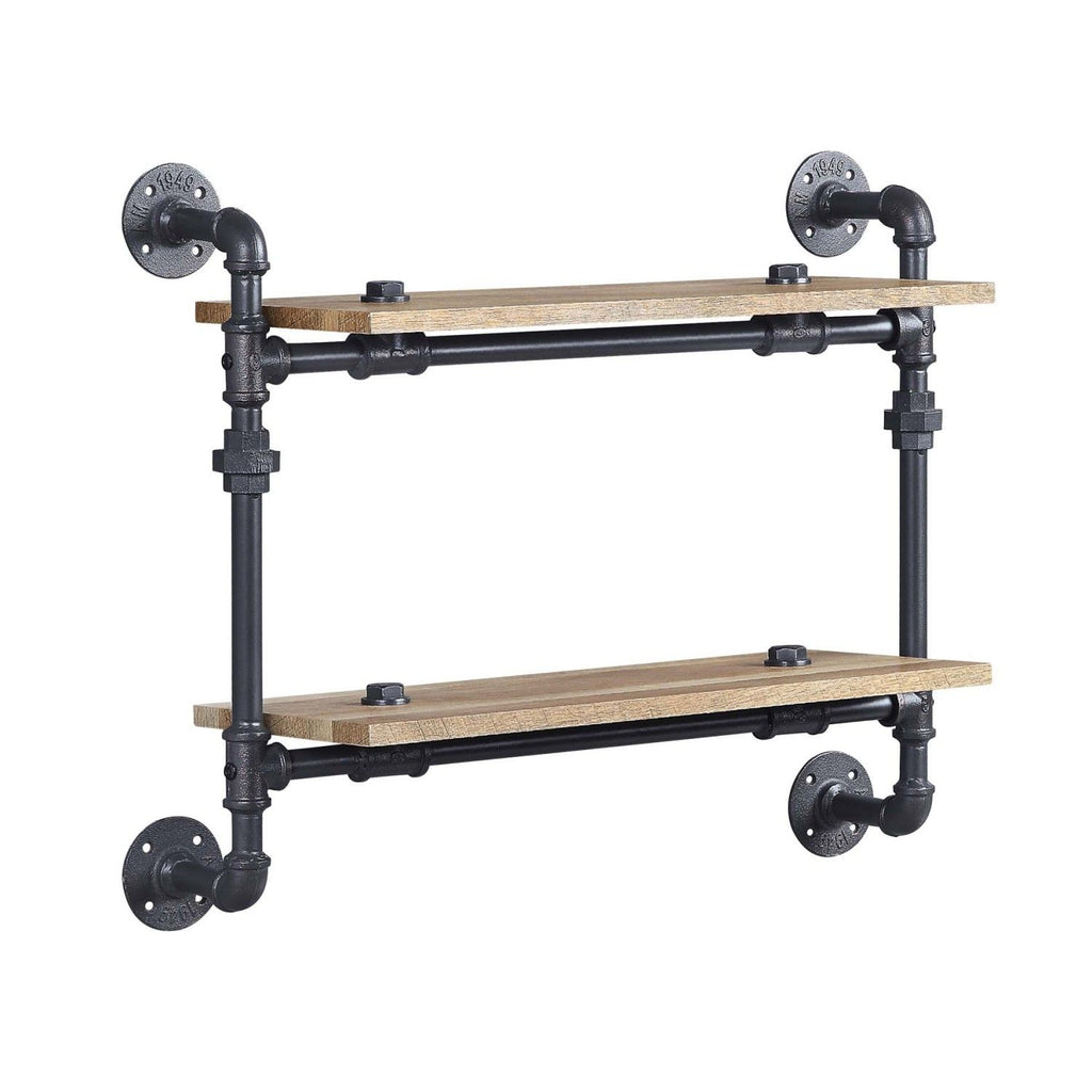 2 Tier Wall Shelf with Metal Tube, Oak and Sandy Black