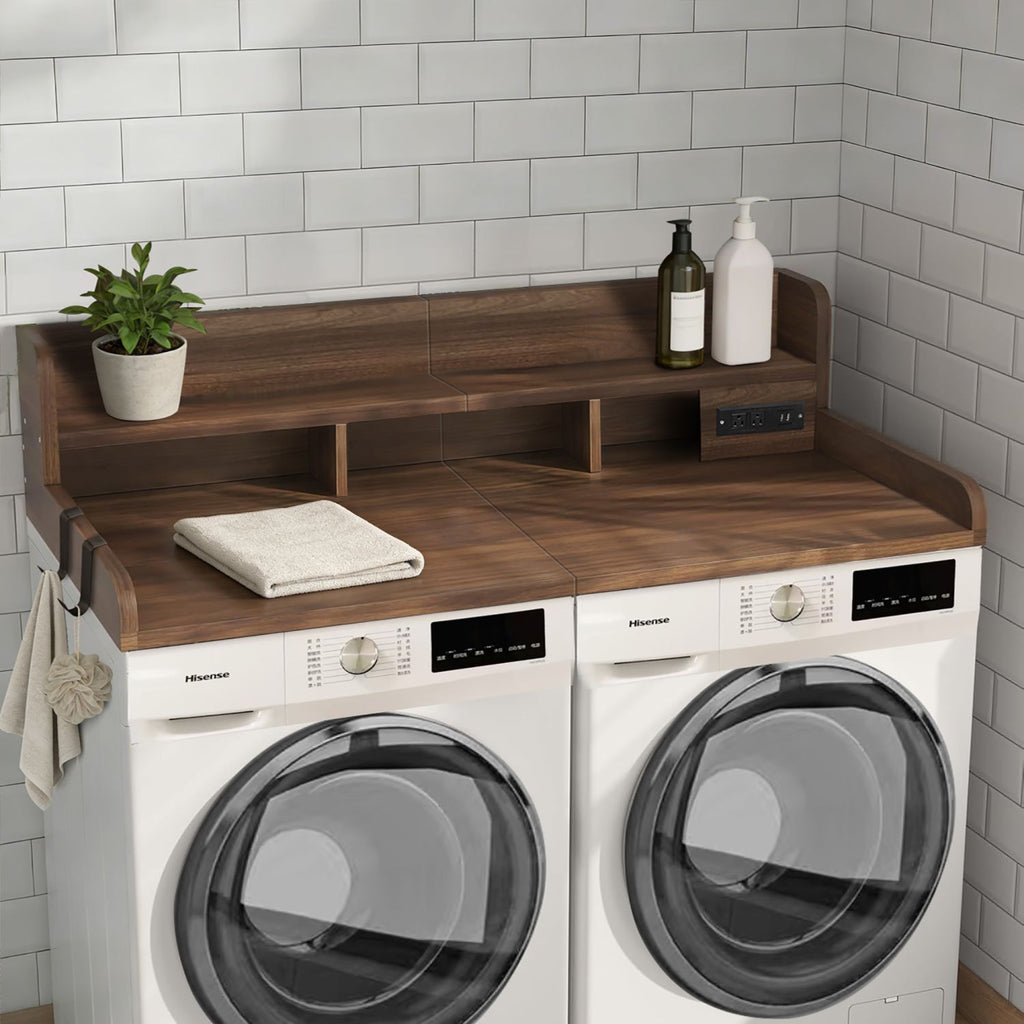 2-Tier Washer and Dryer Countertop with Power Outlet, 54" W x 27.5" D Large Laundry Countertop for Fold Clothes, Laundry Topper with Non-Slip Pads & Hooks and Storage Basket (Walnut Color)