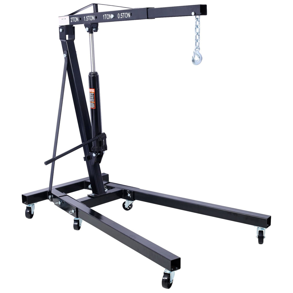 2 Ton Folding Engine Hoist Cherry Picker Shop Crane Hoist Lift, Heavy Duty Steel with 6 Iron Caster Wheels (Black)