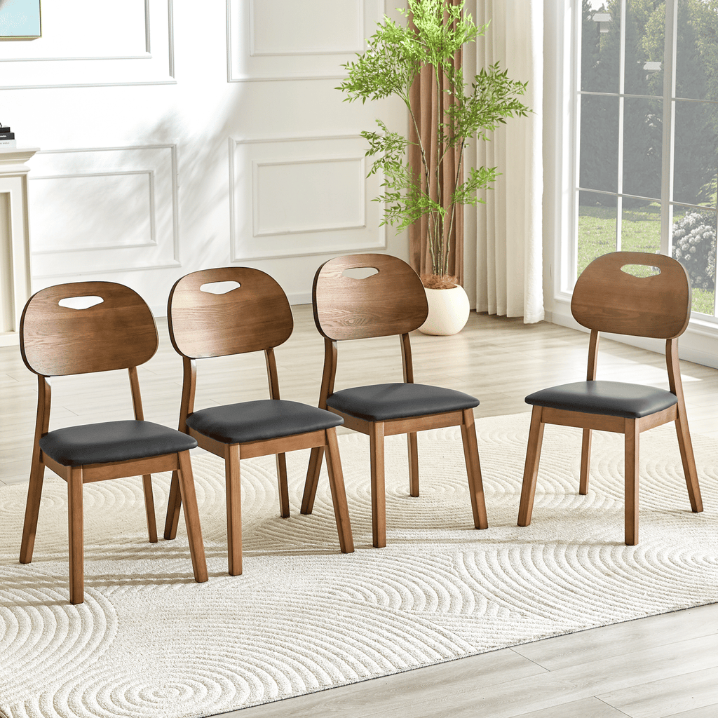 2 walnut colored solid wood dining chairs, black PU soft seat cushions, hollowed out backrests, and home dining chairs.
