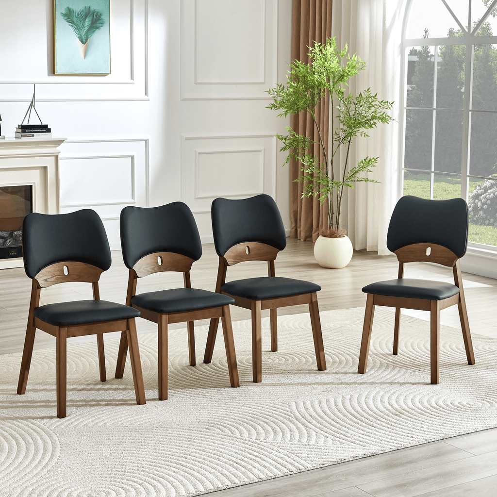 2 walnut colored solid wood dining chairs, with black PU soft packaging on the backrest and seat cushion, hollowed out design backrest, for home dining chairs.
