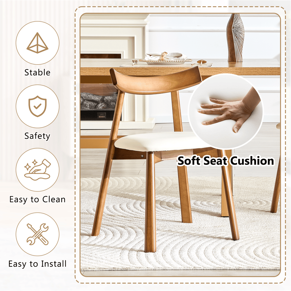 2 walnut colored solid wood dining chairs, with white PU soft cushions and curved backrests that fit the curves of the back, suitable for home dining.