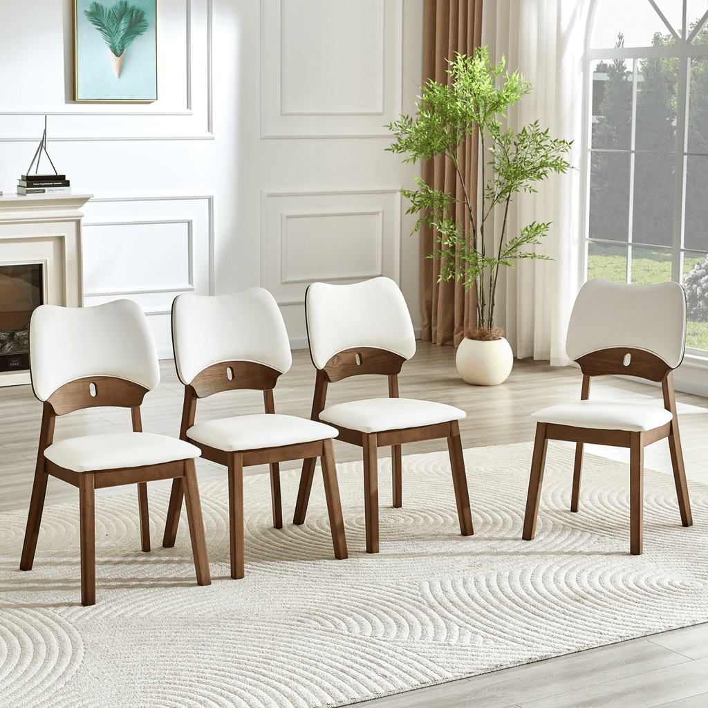 2 walnut colored solid wood dining chairs, with white PU soft packaging on the backrest and seat cushion, hollowed out design backrest, for home dining chairs.