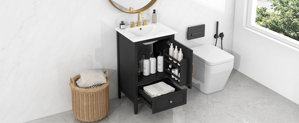 20" Bathroom Vanity with Sink, Bathroom Cabinet with A Door, Door Shelf Storage and Adiustable Foot Pads, A Drawer, Black