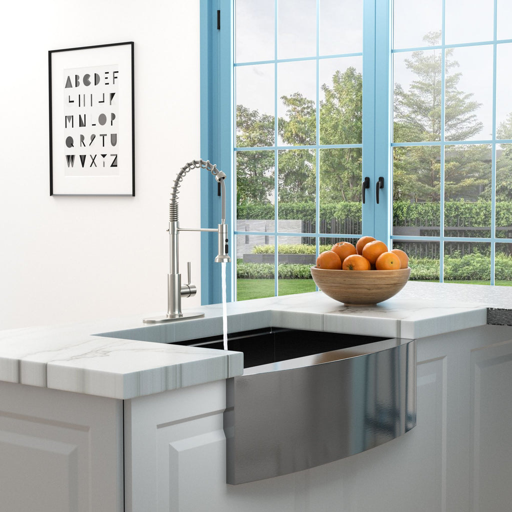 21-Inch Commercial Kitchen Faucet with Dual Function Pull-Down Sprayhead in Brushed Nickel Finish, Stainless Steel