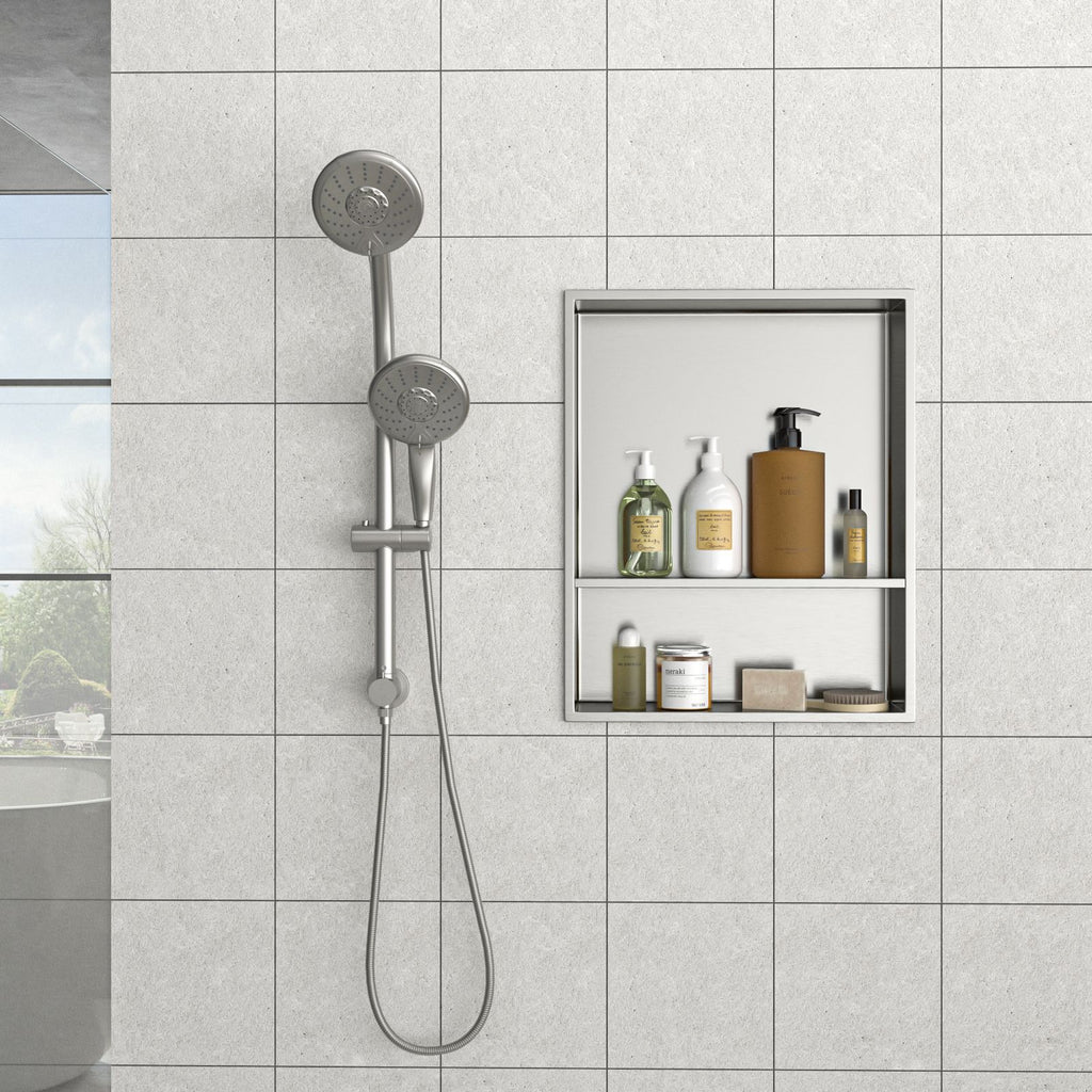 21" x 17" Stainless Steel Shower Niche Double Shelf, Brushed Nickel
