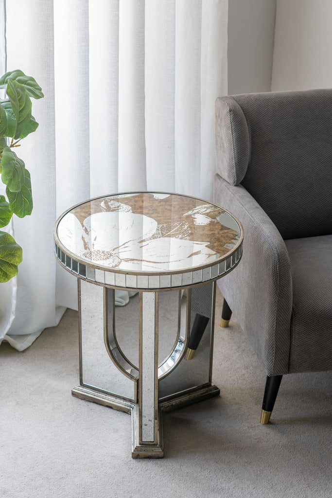 21.5x21.5x25" Round Side Table with Elegant Foral Design and Mirrored Silver Finish