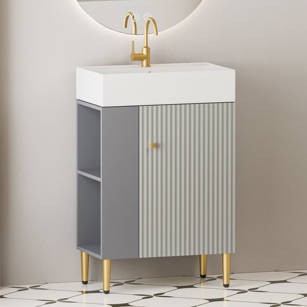 21.6" Open-shelving Bathroom Vanity with Ceramic Sink and Soft-Closing Door, Cloakroom Open Shelf Storage Cabinet on the Left Side, Assembly Required, Grey 24VB06-21MGL