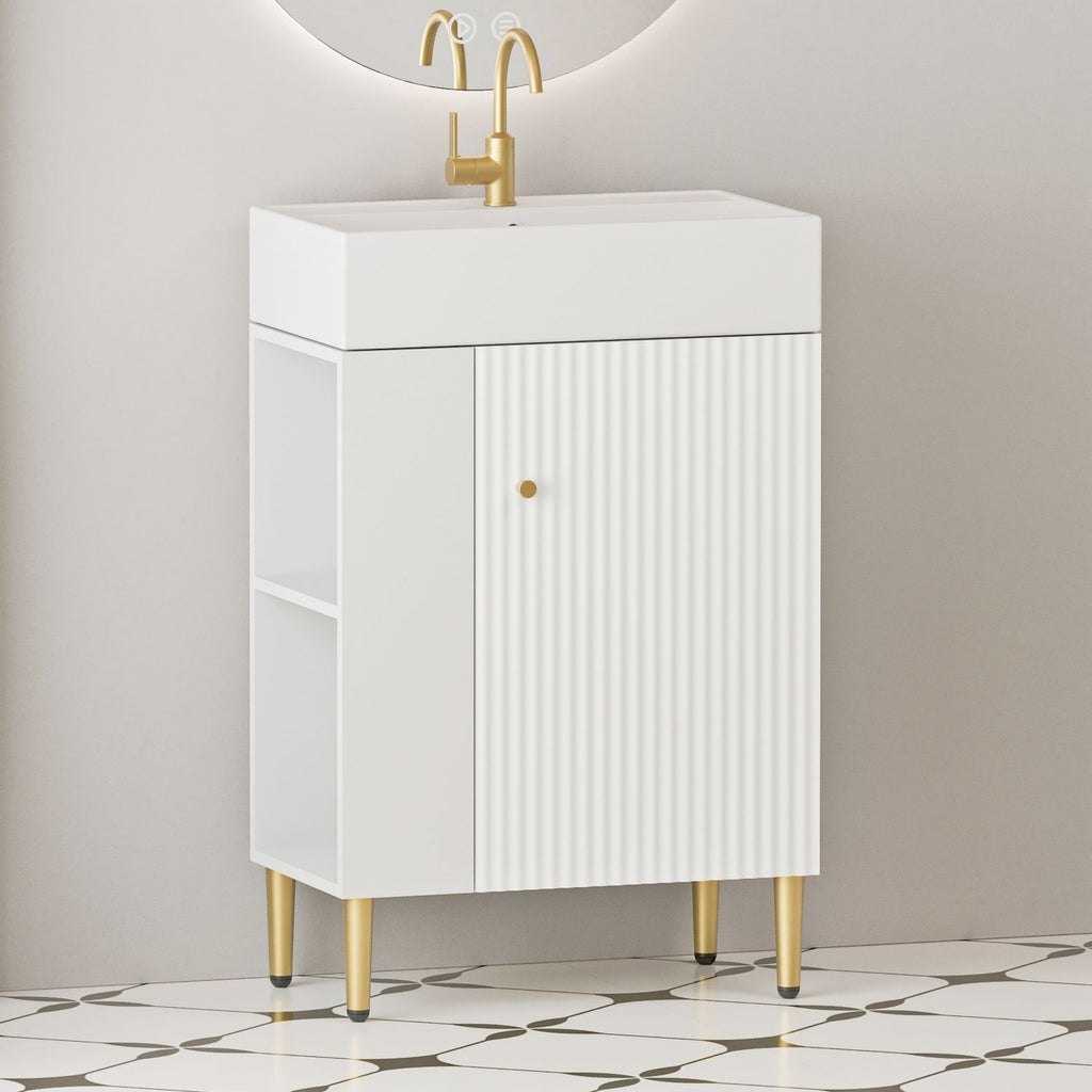 21.6" Open-shelving Bathroom Vanity with Ceramic Sink and Soft-Closing Door, Cloakroom Open Shelf Storage Cabinet on the Left Side, Assembly Required, White 24VB06-21WHL