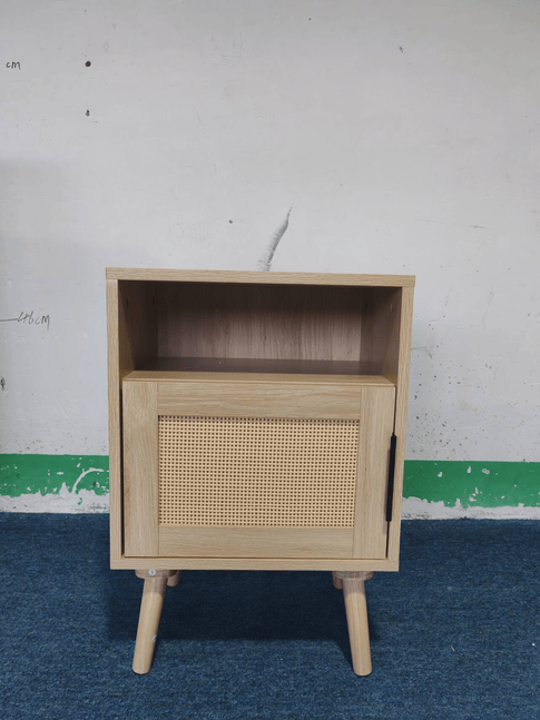 22.83'' H Rattan Nightstand, Side Table with Door Open Shelf, Accent Bedside End Table with Solid Wood Legs for Bedroom, Dorm and Small Spaces, Oak