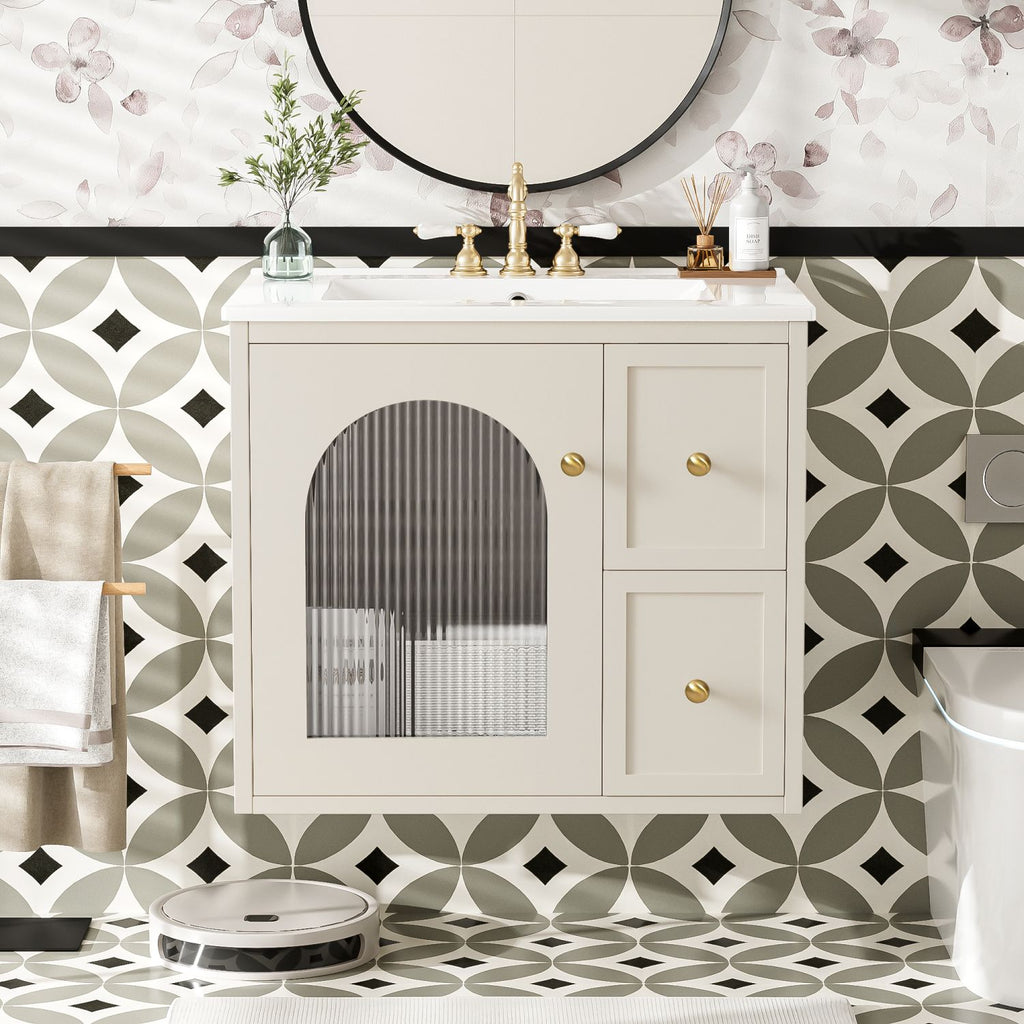 24" Bathroom Vanity Set Wall Mounted for Small Space, Bathroom Cabinet with Ceramic Sink, 2 Drawers and 1 Soft-Close Door