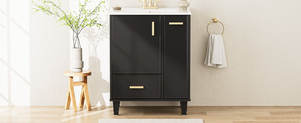 24" Bathroom Vanity with Sink, Bathroom Cabinet with Door Shelf, Deep Drawer, 2-Tier Pull-Out Basket, Solid Wood Frame and MDF Board, One Package, Black