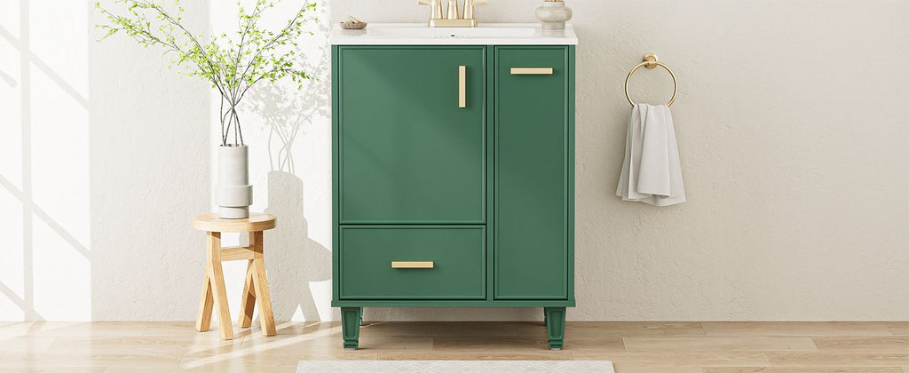 24" Bathroom Vanity with Sink, Bathroom Cabinet with Door Shelf, Deep Drawer, 2-Tier Pull-Out Basket, Solid Wood Frame and MDF Board, One Package, Green