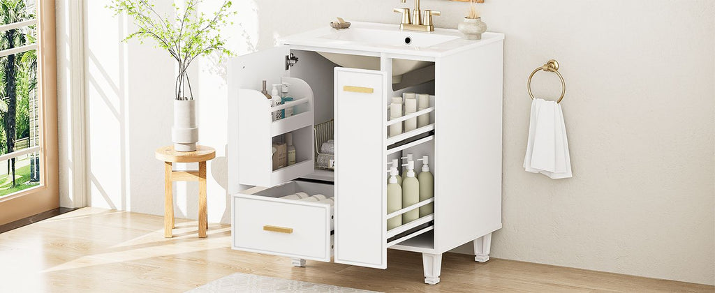 24" Bathroom Vanity with Sink, Bathroom Cabinet with Door Shelf, Deep Drawer, 2-Tier Pull-Out Basket, Solid Wood Frame and MDF Board, One Package, White
