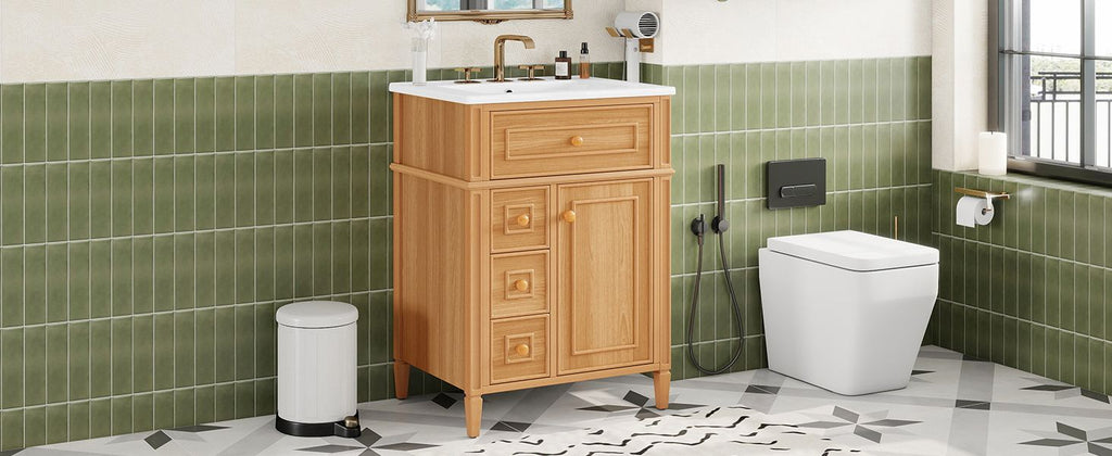 24" Bathroom Vanity with Sink, Wood Vanity Cabinet with Flip-Out Drawer, 2 Soft-Close Drawers, 1 Soft-Close Door, Solid Wood & MDF, Elegant Wood Handles