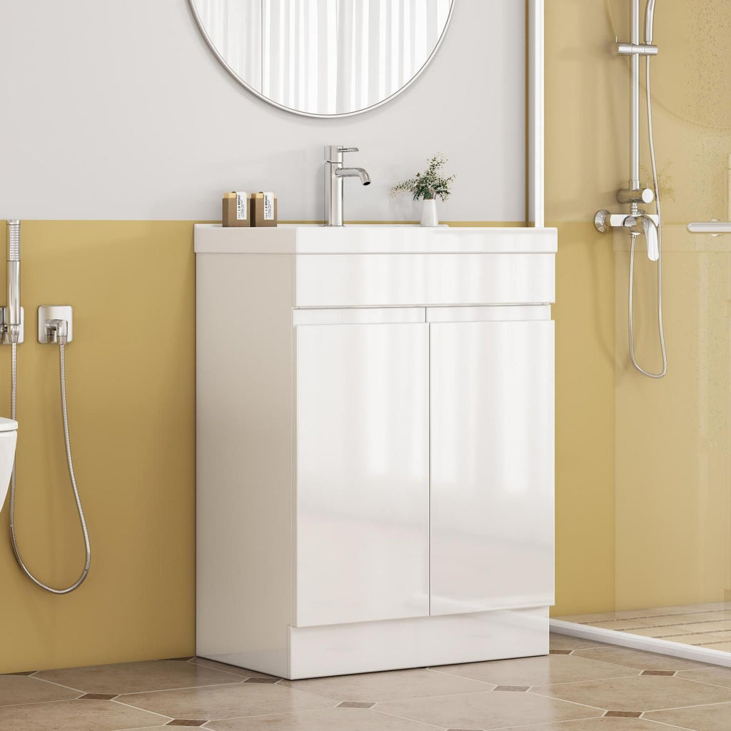 24-Inch Bathroom Vanity With Sink and Mirror Combo , 2 Doors Bathroom Cabinet, With Shelf ,Handle Free Design,Unique Thick-Edged Ceramic Basin,Soft Close System Hinge,Easy Assemble,Glossy White