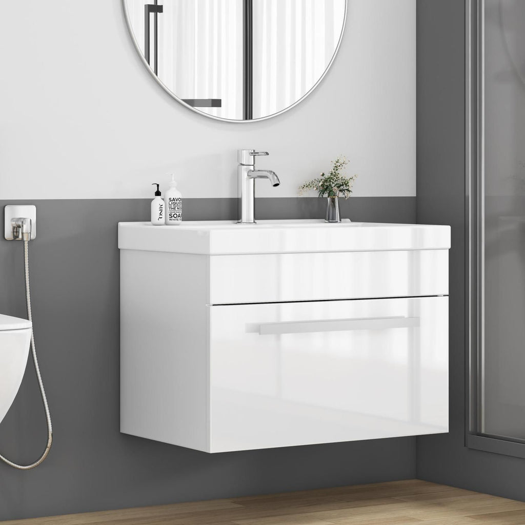 24-Inch Bathroom Vanity With Sink Combo,1 large drawer,Soft-Close System,Wall Mount Bathroom Vanity,Metal factory handle,Unique Thick-Edged Ceramic Basin,Glossy White