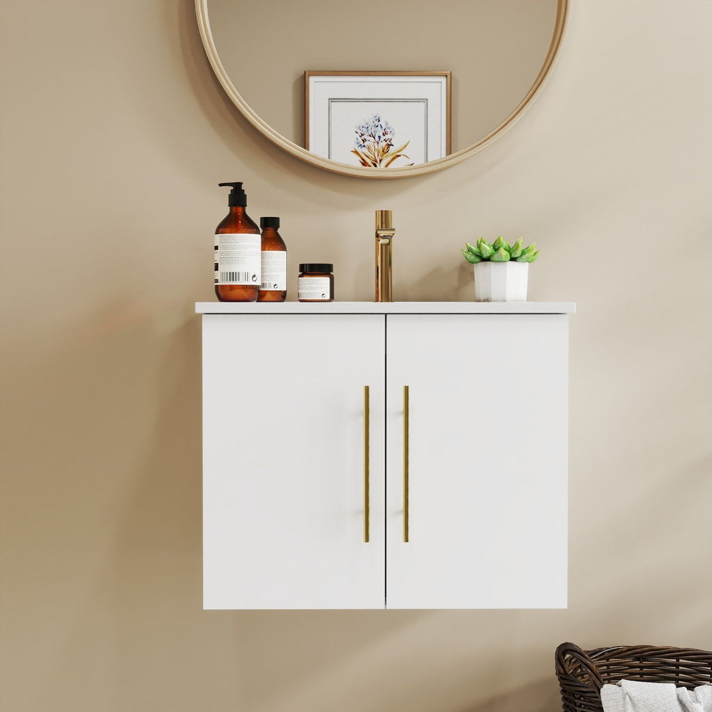 24-Inch Wall-Mounted Bathroom Vanity with Sink Combo,Double Doors,Soft Close Hinges, Ceramic Basin,Easy Assemble,Gold Metal Long Handle,Storage Space,Glossy White