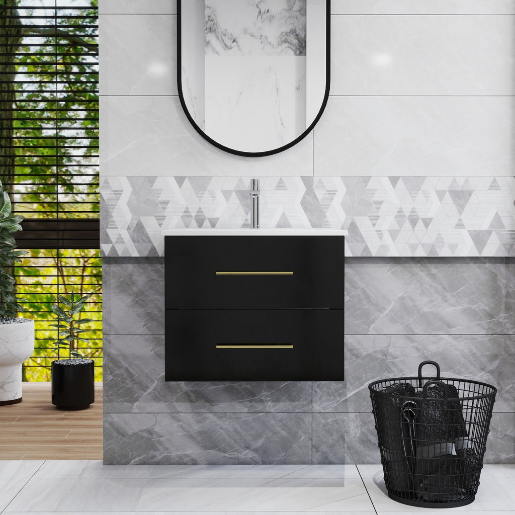 24-Inch Wall-Mounted Bathroom Vanity with Sink Combo,Double Drawers, Ceramic Basin, Easy Assemble,Long Handle In Gold Metal,2 Storage Drawers,Glossy Black