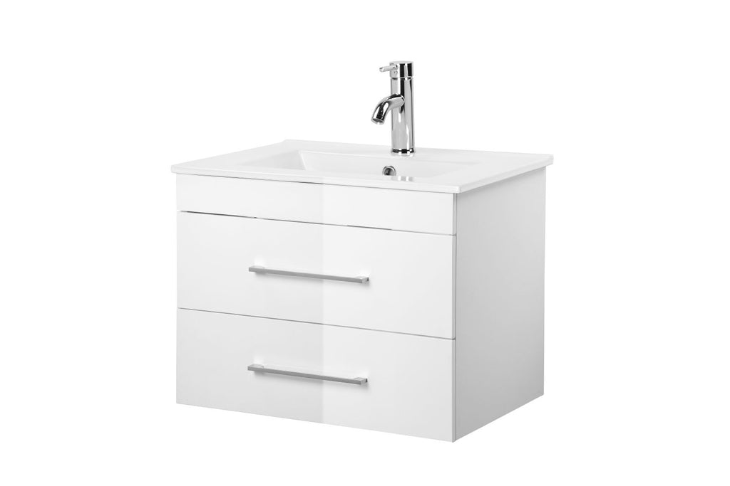 24-Inch White Gloss Wall-Mounted Bathroom Vanity with Double Drawers, Soft-Close System,Ceramic Sink, Create a Modern and Minimalist Bathroom Space!