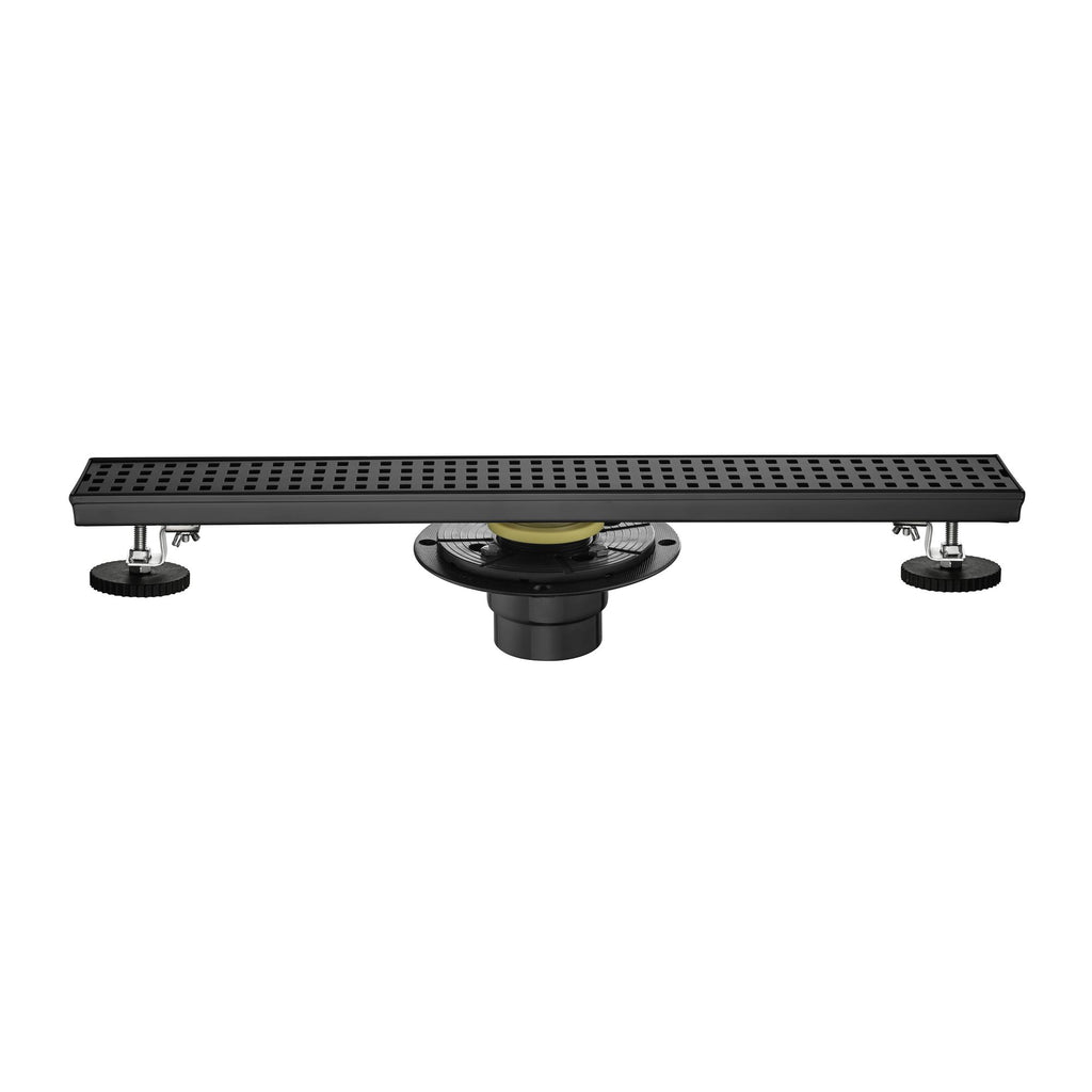 24 Inches Linear Shower Drain with Removable Quadrato Pattern Grate, 304 Stainless Shower Drain Included Hair Strainer and Leveling Feet, Flange