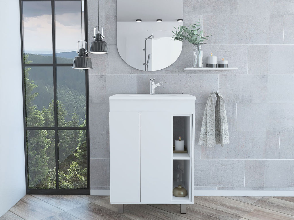 24" Meka Vanity, Two External Shelves, Double Door Cabinet -White