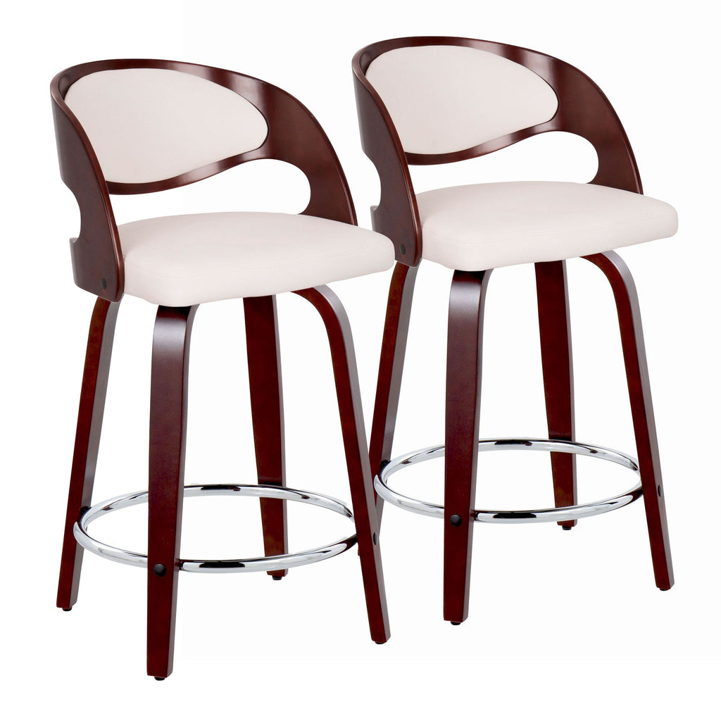 24" Mid-Century Modern Fixed-Height Counter Stool with Swivel in Cherry Wood and White Faux Leather with Round Chrome Metal Footrest - Set of 2