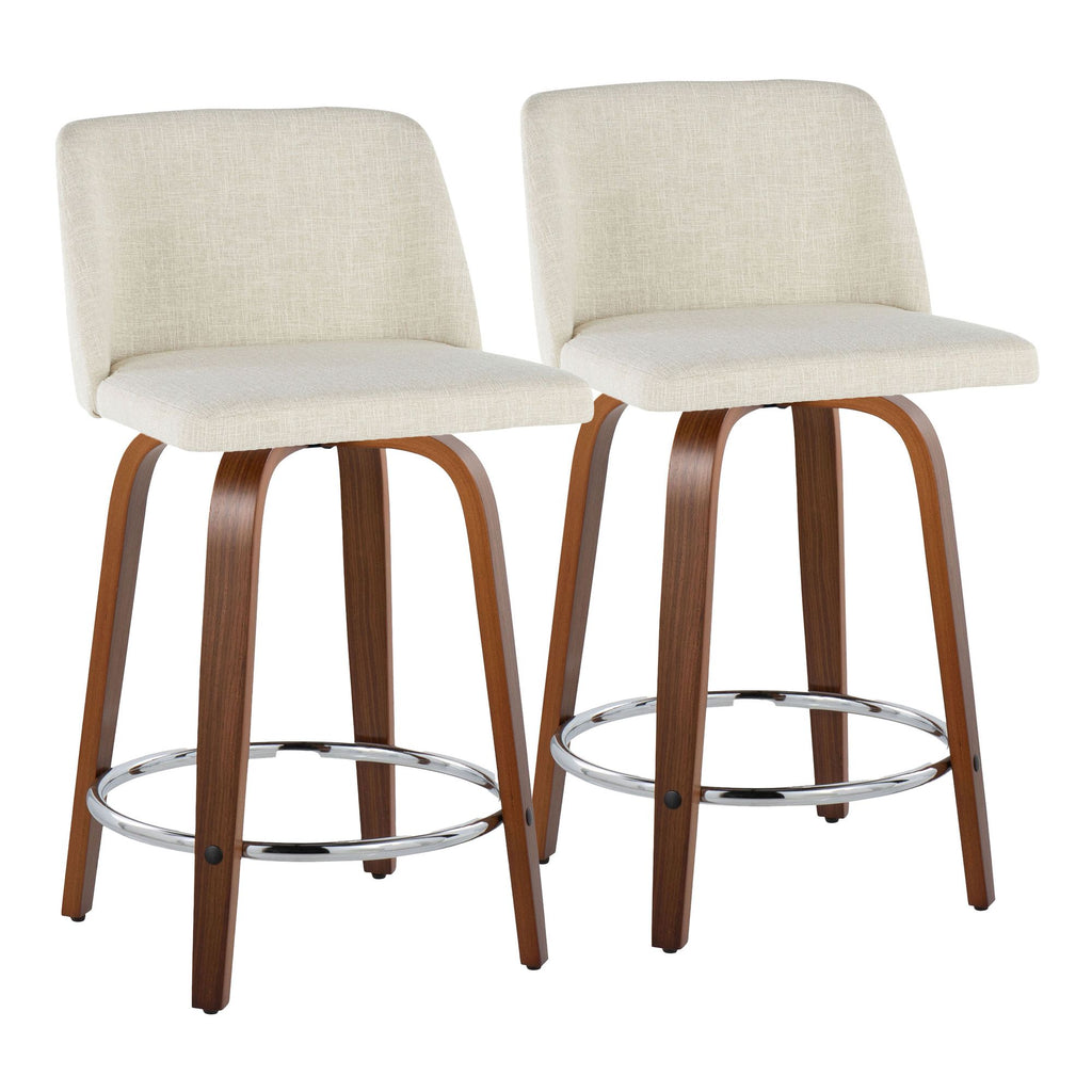 24" Mid-Century Modern Fixed-Height Counter Stool with Swivel in Walnut Wood and Cream Fabric with Round Chrome Metal Footrest - Set of 2