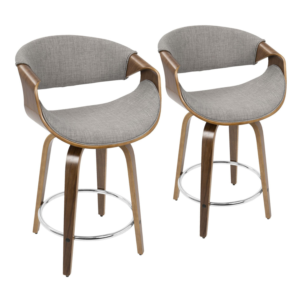 24" Mid-Century Modern Fixed Height Counter Stool with Swivel in Walnut Wood and Light Grey Fabric - Set of 2