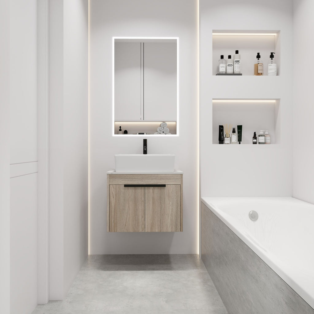 24 " Modern Design Float Bathroom Vanity With Ceramic Basin Set, Wall Mounted White Oak Vanity With Soft Close Door,KD-Packing,KD-Packing,2 Pieces Parcel(TOP-BAB110MOWH)