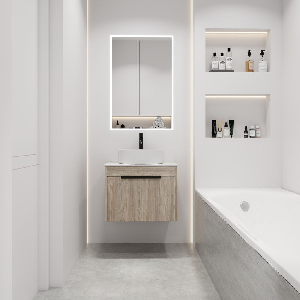 24 " Modern Design Float Bathroom Vanity With Ceramic Basin Set, Wall Mounted White Oak Vanity With Soft Close Door,KD-Packing,KD-Packing,2 Pieces Parcel(TOP-BAB400MOWH)