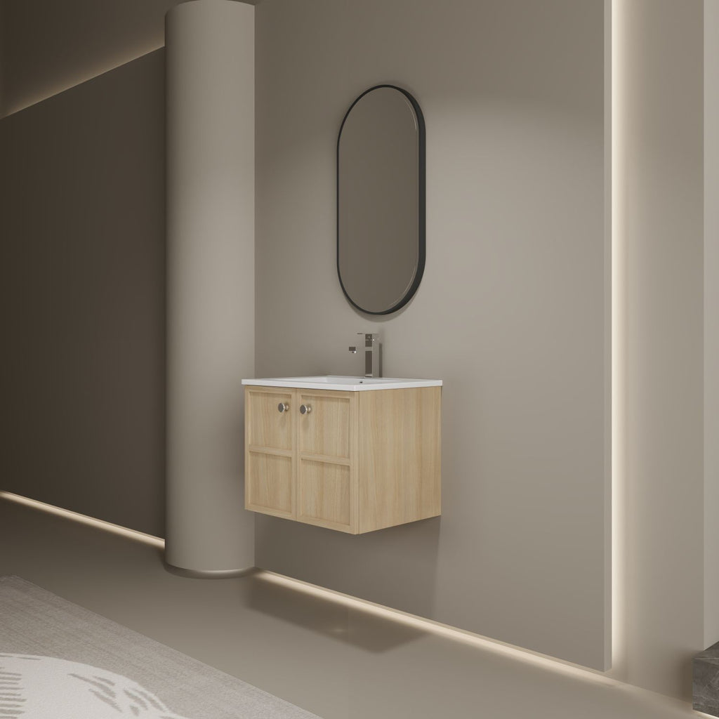 24" Wall-Mounted Bathroom Vanity whit Ceramic Sink, 2-Soft Closing Door, Oak, Plywood