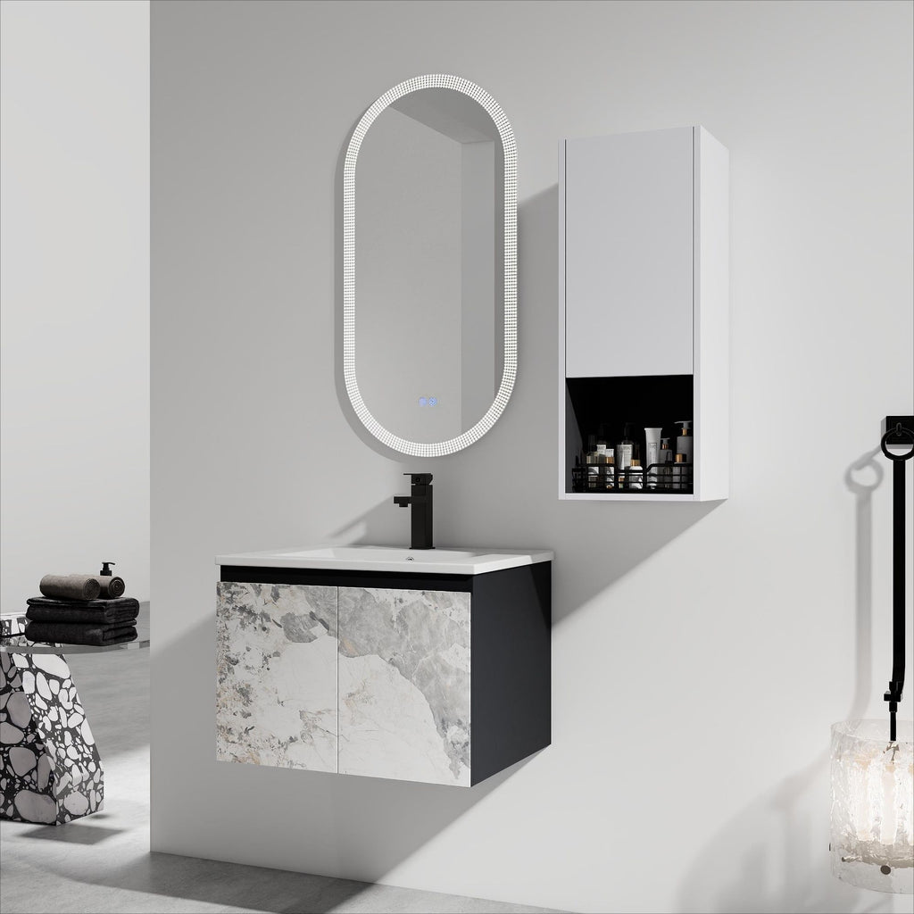 24" Wall-Mounted Bathroom Vanity With Ceramic Sink and Side Cabinet & Soft Close Doors, Combination Cabinet (KD-Package)