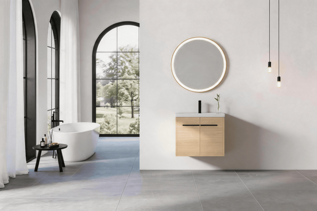24" Wall Mounted Bathroom Vanity with Resin Basin, Natural Oak Finish, Double Door Plywood Cabinet, Modern Floating Vanity Set, KD Assembly, Single Package