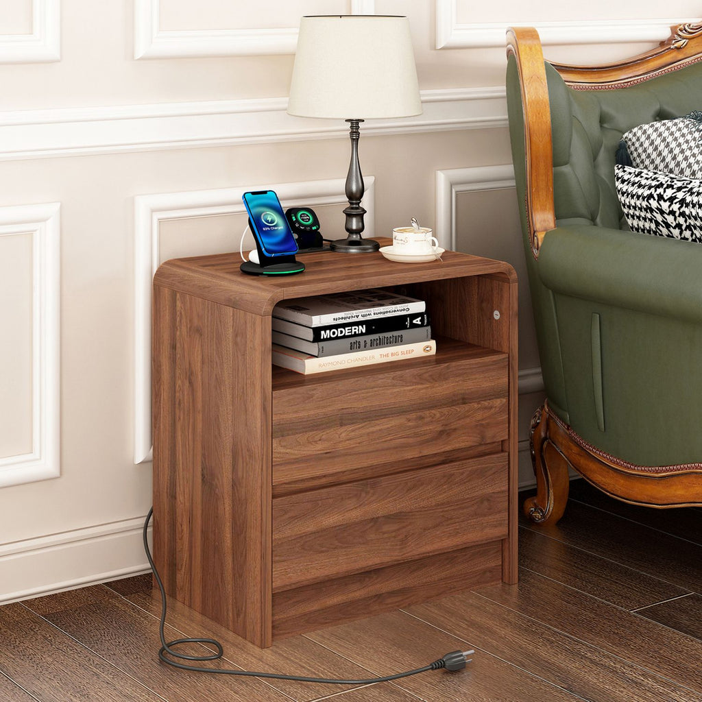 25" Tall Modern Nightstand with Charging Station, 23.6'' Wide Wood Bedside Table w/2 Storage Drawers, Large Mid Century End Table for Bedroom, Living Room, Curved Profile Design ( WALNUT )